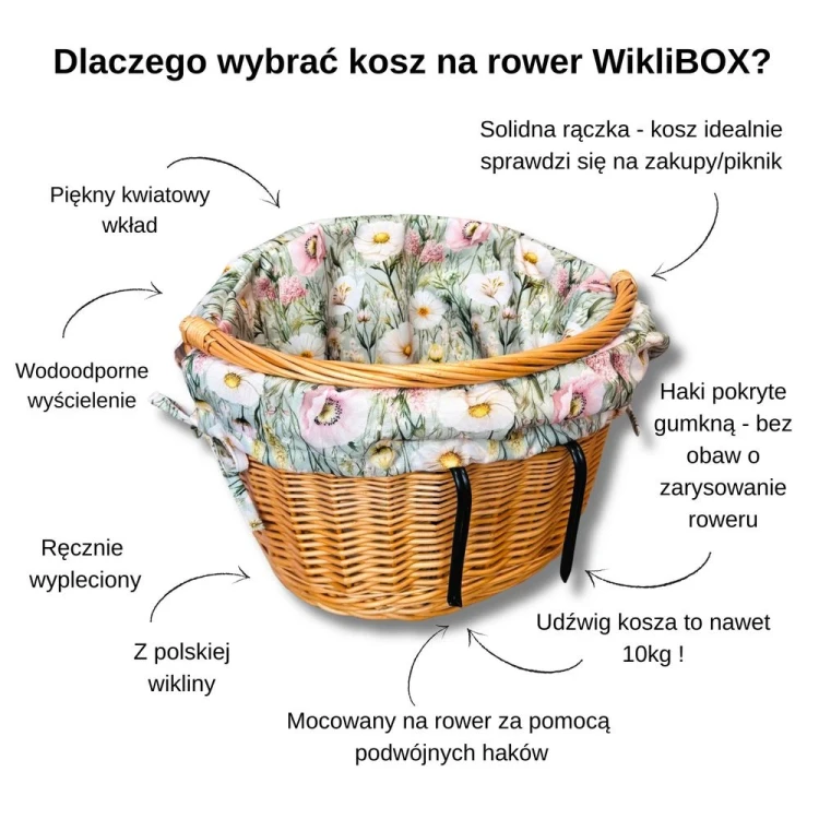 koszyk wiklinowy na rower naturalny z wkładem oliwkowa łąka