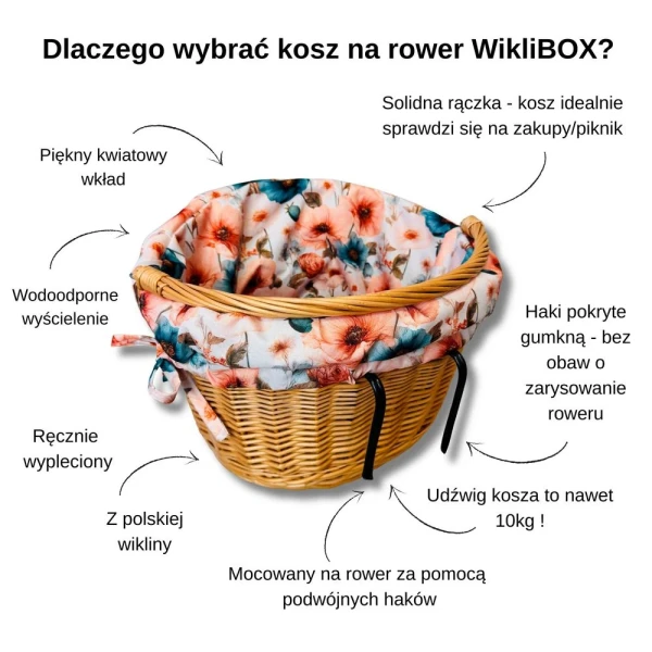 koszyk wiklinowy na rower naturalny z wkładem maki
