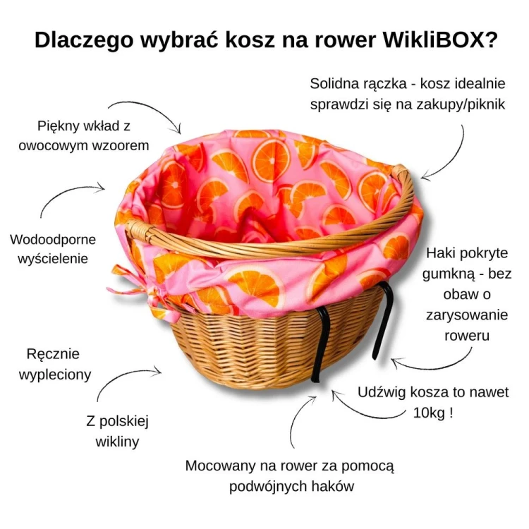 koszyk wiklinowy na rower naturalny z wkładem pomarańcze