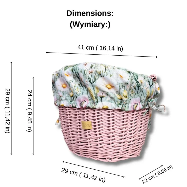 różowy koszyk wiklinowy na rower z wkładem oliwkowa łączka