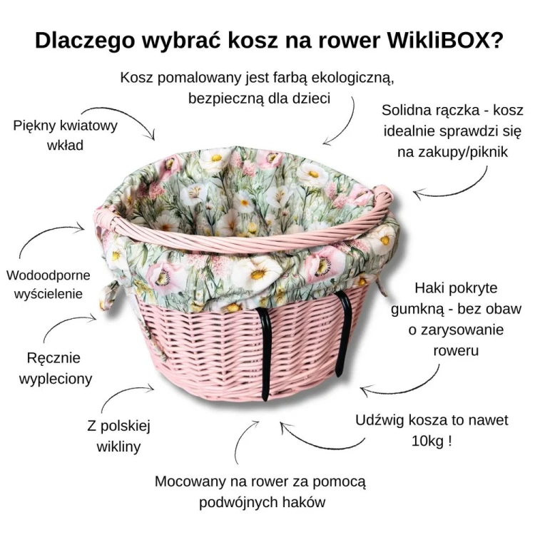 różowy koszyk wiklinowy na rower z wkładem oliwkowa łączka