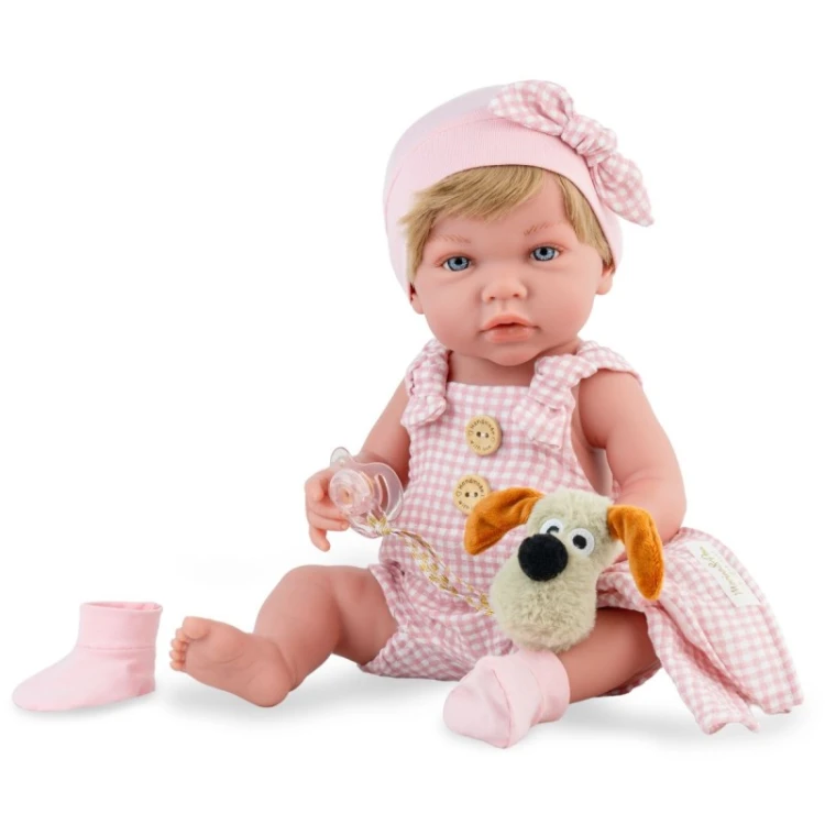 Hiszpańska lalka bobas Ane Baby Dou Dou Marina & Pau 1608 w różowym ubranku z przytulanką pieskiem i kocykiem