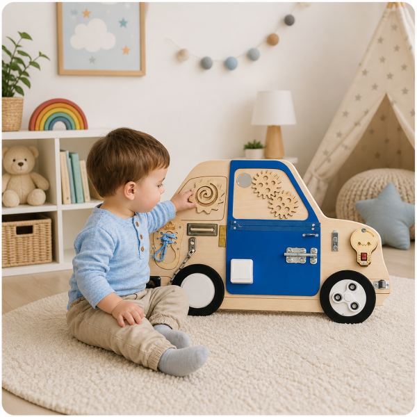 Tablica manipulacyjna Auto Niebieskie – sensoryczna tablica edukacyjna dla dzieci