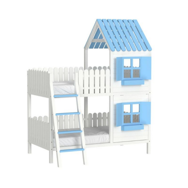 DREAM BEDS - ŁÓŻKO PIĘTROWE DOMEK Z OKIENNICAMI I PŁOTKIEM NIEBIESKIE