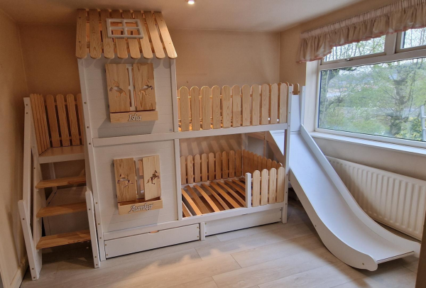 DREAM BEDS - ŁÓŻKO PIĘTROWE DOMEK ZE ZJEŻDŻALNIĄ I SCHODKAMI