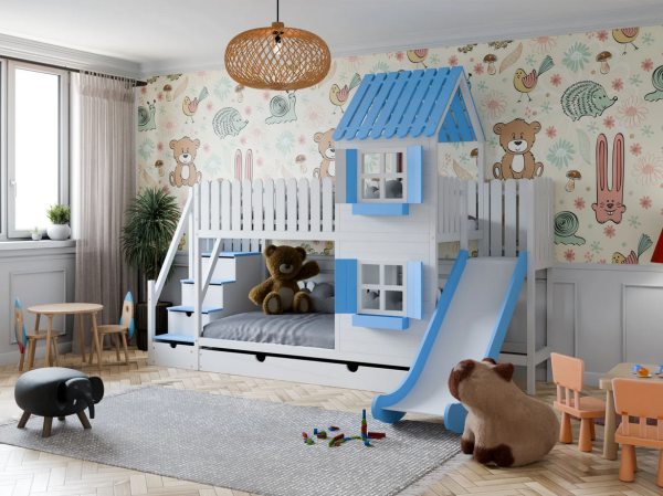 DREAM BEDS - ŁÓŻKO PIĘTROWE DOMEK ZE ZJEŻDŻALNIĄ I SCHODKAMI