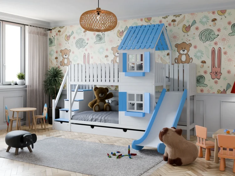 DREAM BEDS - ŁÓŻKO PIĘTROWE DOMEK ZE ZJEŻDŻALNIĄ I SCHODKAMI