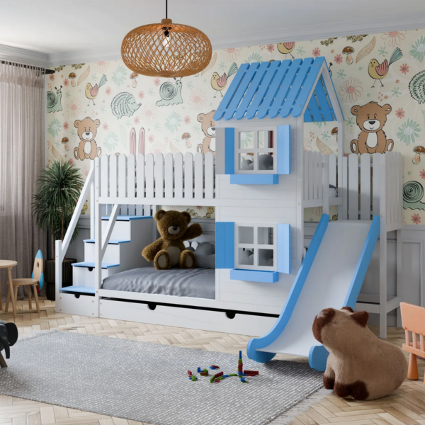 DREAM BEDS - ŁÓŻKO PIĘTROWE DOMEK ZE ZJEŻDŻALNIĄ I SCHODKAMI
