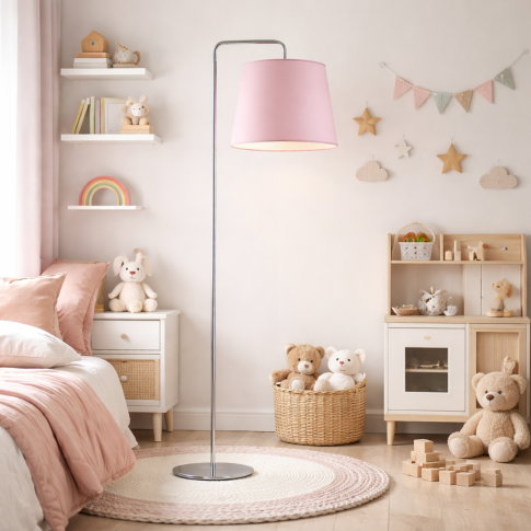 Różowa lampa podłogowa RIJAD do pokoju dziewczynki z nowoczesnym abażurem