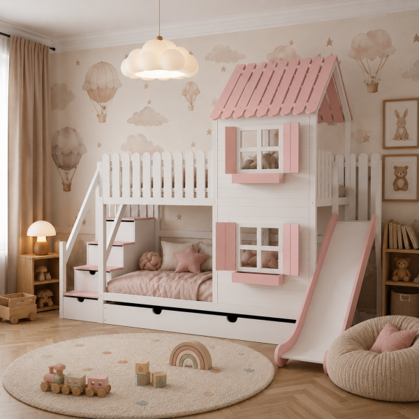 DREAM BEDS - ŁÓŻKO PIĘTROWE DOMEK ZE ZJEŻDŻALNIĄ I SCHODKAMI