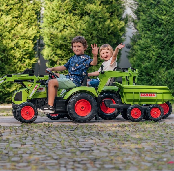 Traktor na pedały Claas Axos 330 FALK z koparką i przyczepą