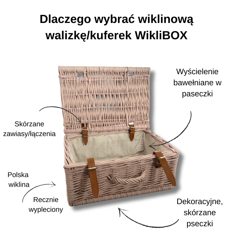 Różowy wiklinowy kuferek z bawełnianym wyścieleniem i skórzanymi dodatkami