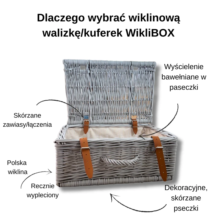 Szary wiklinowy kuferek ze skórzanymi dodatkami i bawełnianym wyścieleniem