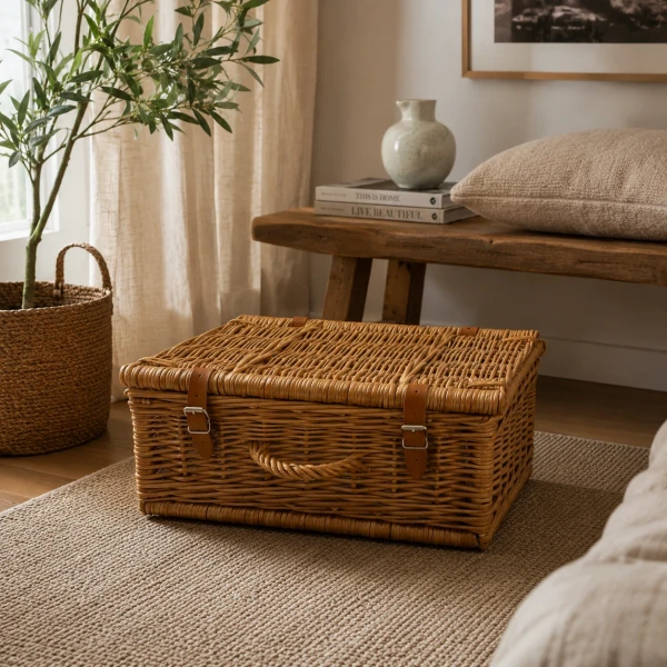 Ręcznie wyplatany naturalny wiklinowy kuferek z bawełnianym wyścieleniem i skórzanymi detalami to elegancki organizer oraz wyjątkowa dekoracja do pokoju dziecka i wnętrz w stylu boho.