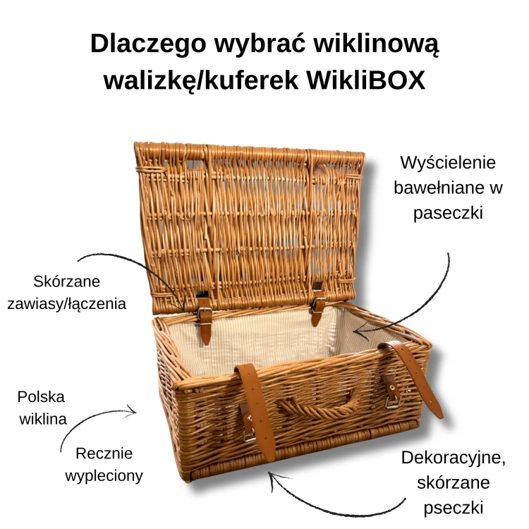 Naturalny wiklinowy kuferek ze skórzanymi dodatkami i bawełnianym wyścieleniem