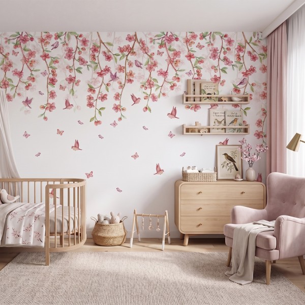 Tapeta Sakura do pokoju dziewczynki z kwiatami wiśni i ptakami