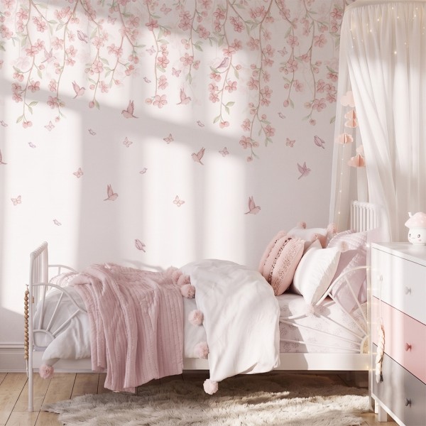 Pastelowa tapeta Sakura z kwiatami wiśni do pokoju dziewczynki