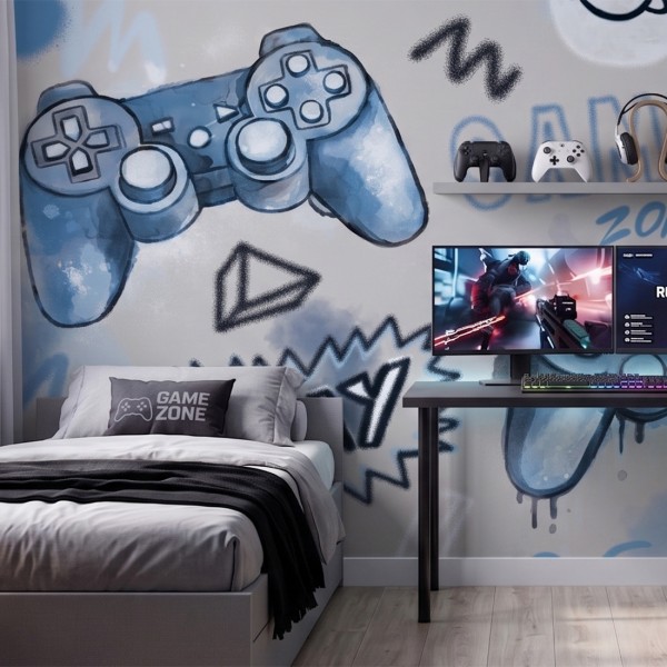 Tapeta GAMING z padami do konsoli do pokoju chłopca i gracza