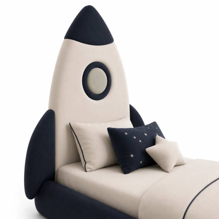 łóżeczko dziecięce ROCKET w kształcie rakiety w nowoczesnym pokoju dziecka premium