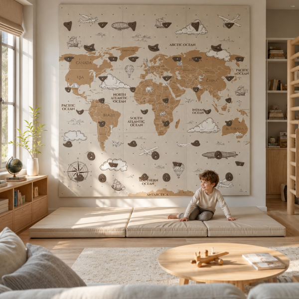 Modułowa ścianka wspinaczkowa dla dzieci Vintage Mapa Świata z chwytami wspinaczkowymi do pokoju dziecka