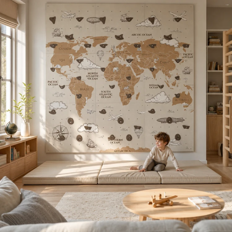 Modułowa ścianka wspinaczkowa dla dzieci Vintage Mapa Świata z chwytami wspinaczkowymi do pokoju dziecka