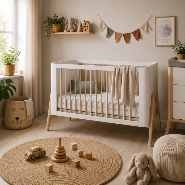 Łóżeczko dziecięce Troll Nursery Torsten 120x60 cm biało-naturalne z regulacją wysokości materaca i możliwością montażu toddler rail, w aranżacji pokoju niemowlęcego.