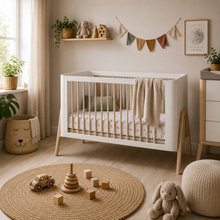 Łóżeczko dziecięce Troll Nursery Torsten 120x60 cm biało-naturalne z regulacją wysokości materaca i możliwością montażu toddler rail, w aranżacji pokoju niemowlęcego.