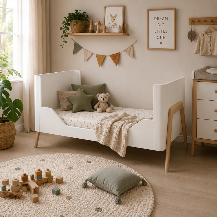 Łóżeczko dziecięce Troll Nursery Torsten 140x70 cm w kolorze białym i naturalnego drewna, ustawione w przytulnym pokoju dziecięcym w opcji tapczanika