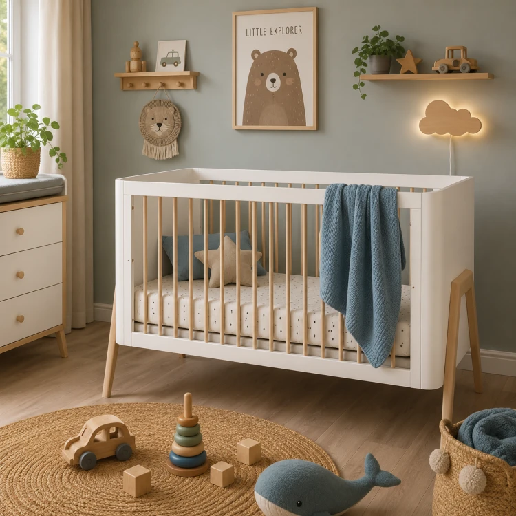 Łóżeczko dziecięce Troll Nursery Torsten 140x70 cm w kolorze białym i naturalnego drewna, ustawione w przytulnym pokoju chłopca