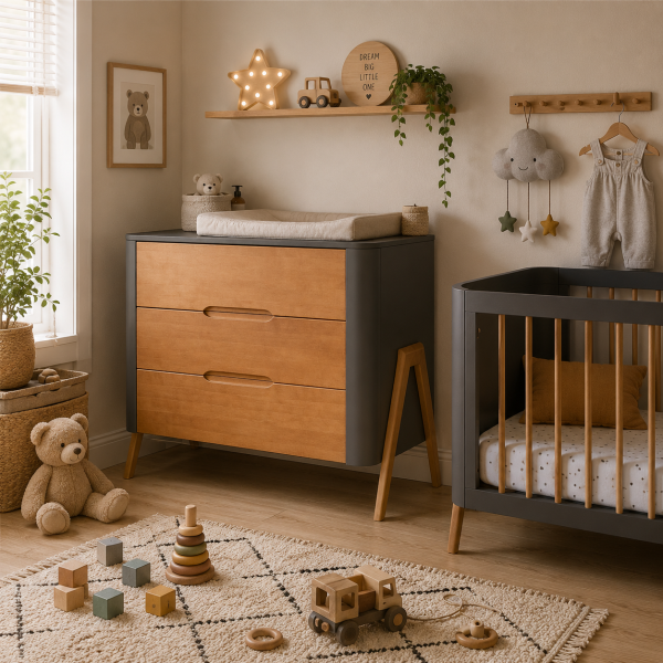 Drewniana komoda do pokoju dziecka Torsten Seal Grey + Teak w aranżacji w pokoju niemowlaka