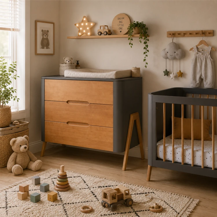 Drewniana komoda do pokoju dziecka Torsten Seal Grey + Teak w aranżacji w pokoju niemowlaka