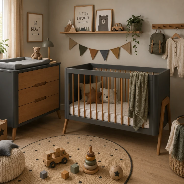 Łóżeczko dziecięce Troll Nursery Torsten 140x70 cm w kolorze Seal Grey i Teak z funkcją tapczanika, regulacją wysokości materaca oraz skandynawskim designem do nowoczesnego pokoju dziecka.