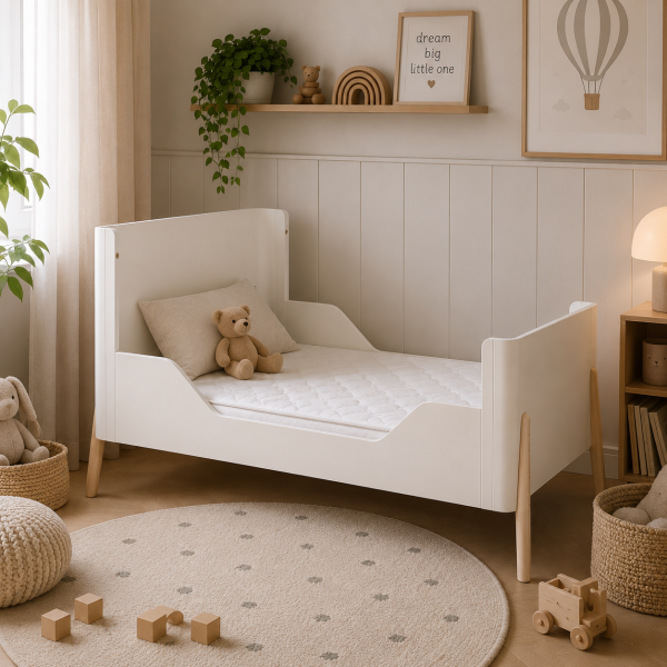 Łóżeczko dziecięce Troll Nursery Torsten 140x70 cm w kolorze białym i naturalnego drewna, ustawione w przytulnym pokoju dziecięcym w opcji tapczanika