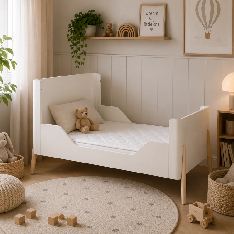Łóżeczko dziecięce Troll Nursery Torsten 140x70 cm w kolorze białym i naturalnego drewna, ustawione w przytulnym pokoju dziecięcym w opcji tapczanika