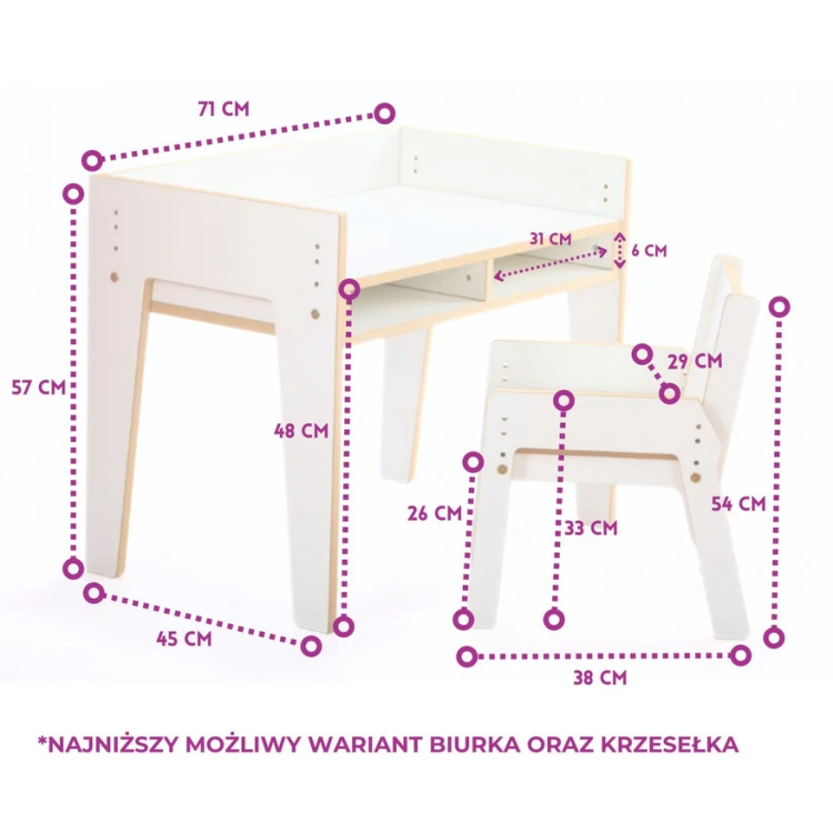 Biurko Regulowane z krzesełkiem - zestaw MINI - wymiary