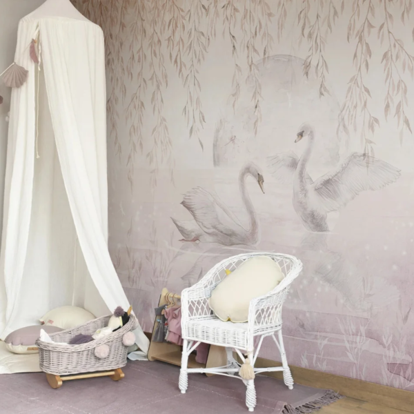 Tapeta z łabędziami w odcieniu różu do pokoju dziecka AMORE MIO DAY desert rose