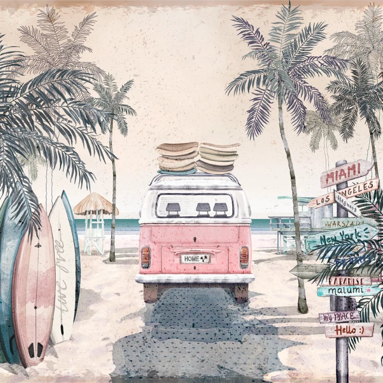 Tapeta młodzieżowa retro z różowym vanem na plaży