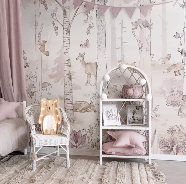 Tapeta HELLO RABBIT - pink - leśny mural ze zwierzętami do pokoju dziewczynki