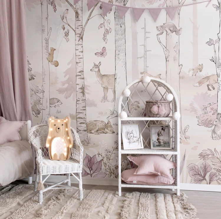 Tapeta HELLO RABBIT - pink - leśny mural ze zwierzętami do pokoju dziewczynki