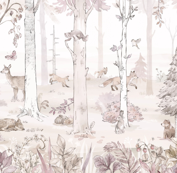 Tapeta HELLO RABBIT - pink - leśny mural ze zwierzętami do pokoju dziewczynki