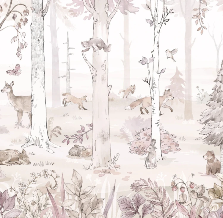Tapeta HELLO RABBIT - pink - leśny mural ze zwierzętami do pokoju dziewczynki