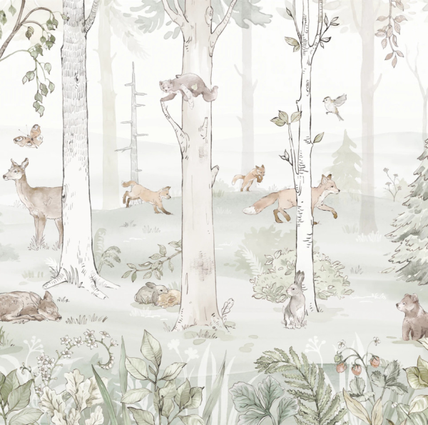 Tapeta HELLO RABBIT - green - tapeta ze zwierzątkami i lasem do pokoju dziecięcego