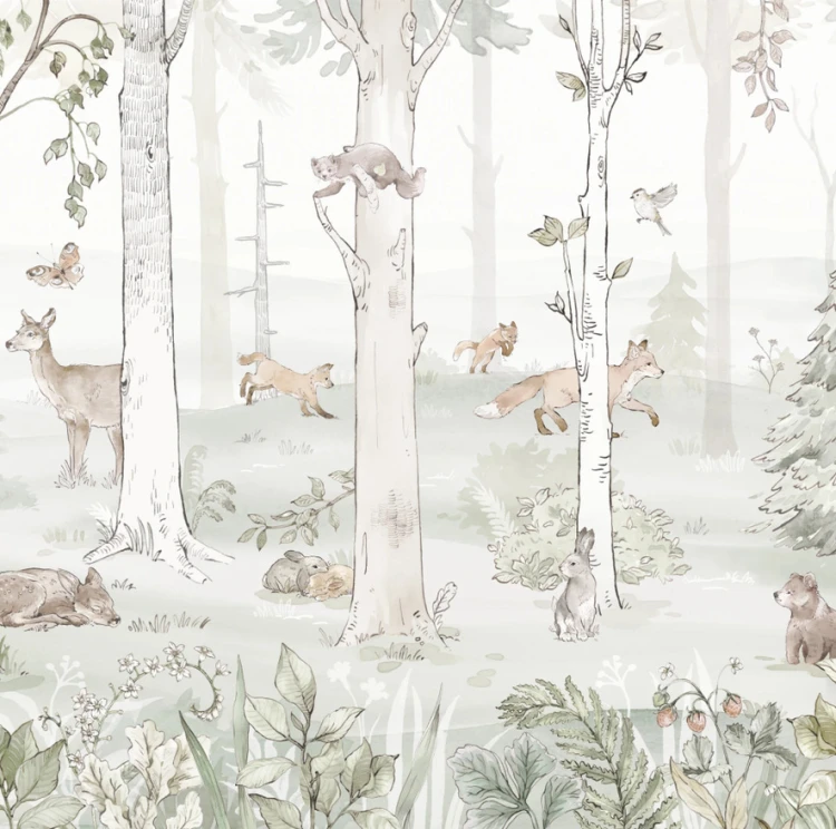 Tapeta HELLO RABBIT - green - tapeta ze zwierzątkami i lasem do pokoju dziecięcego