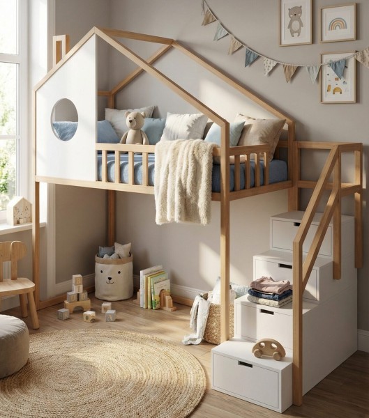 Łóżko piętrowe ze schodami dla dzieci – drewniane łóżko domek Sweetdream