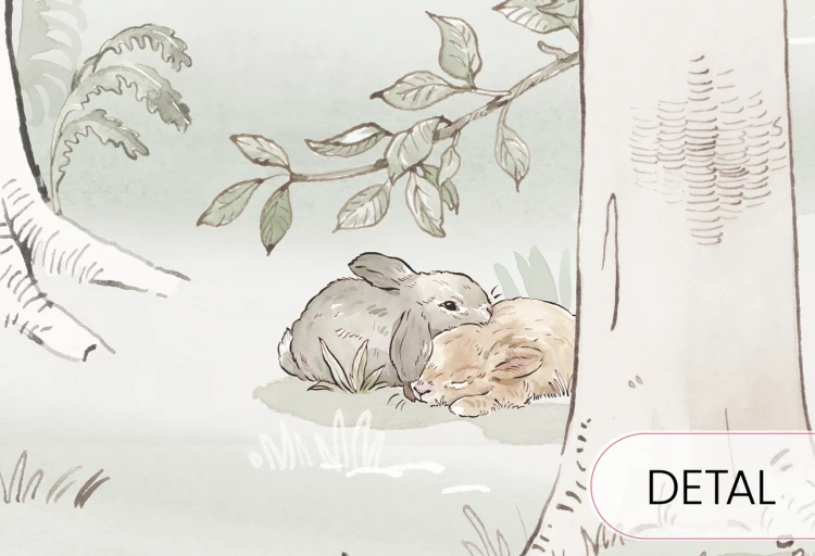 Tapeta HELLO RABBIT - green - tapeta ze zwierzątkami i lasem do pokoju dziecięcego