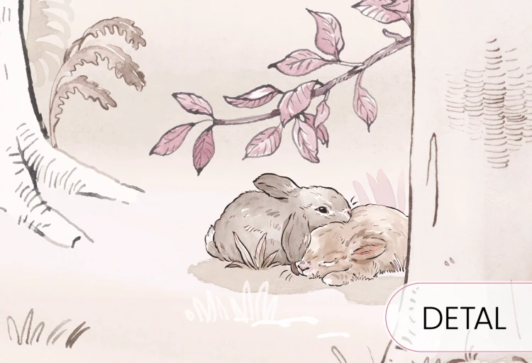 Tapeta HELLO RABBIT - pink - leśny mural ze zwierzętami do pokoju dziewczynki