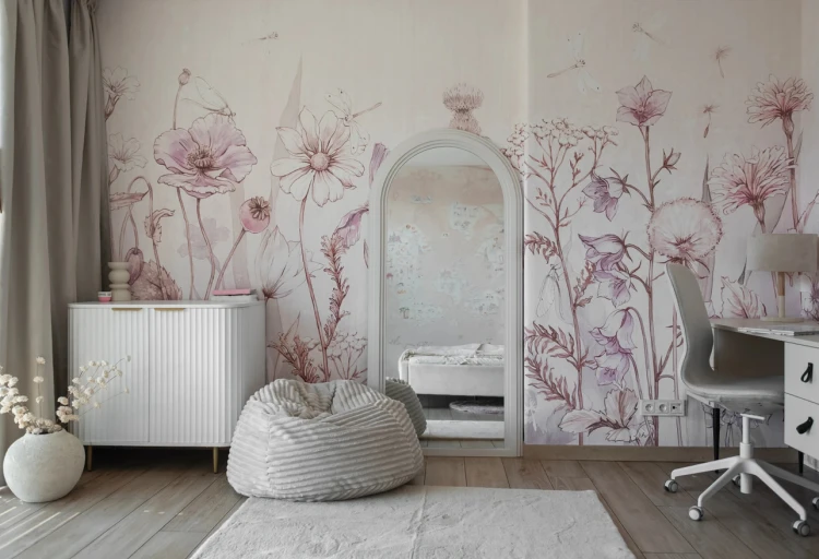 Tapeta SPRING JOY - lavender - lawendowa tapeta dziewczęca w polne kwiaty