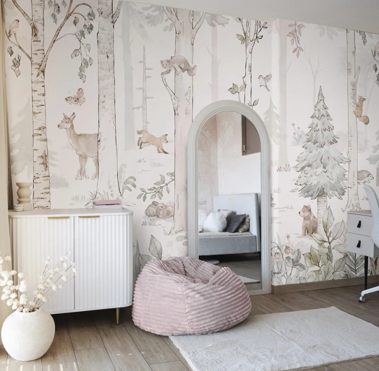 Tapeta HELLO RABBIT - sage - leśny mural ze zwierzętami do pokoju dziecka