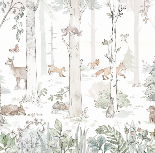 Tapeta HELLO RABBIT - sage - leśny mural ze zwierzętami do pokoju dziecka