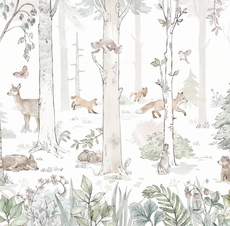 Tapeta HELLO RABBIT - sage - leśny mural ze zwierzętami do pokoju dziecka